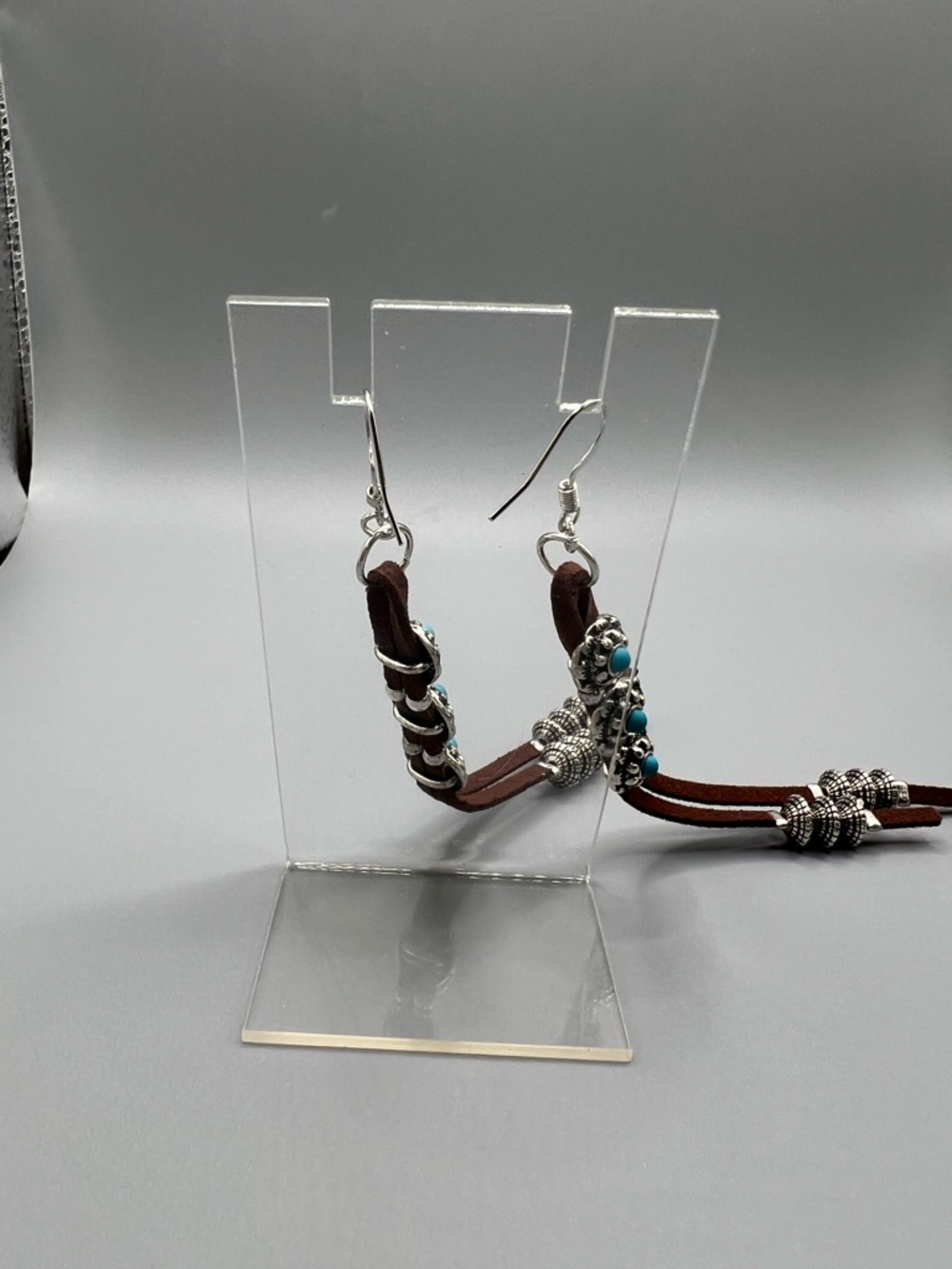 Boho Brown Leather Tassel Earrings with Turquoise Bead - Handmade #E0199C - Picture 4 of 4